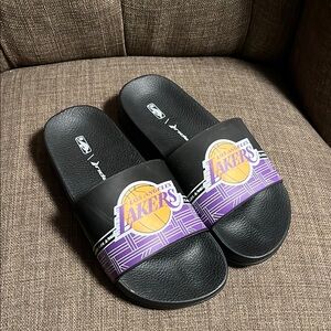 Kids Black and Purple Los Angeles Lakers Slides size 13